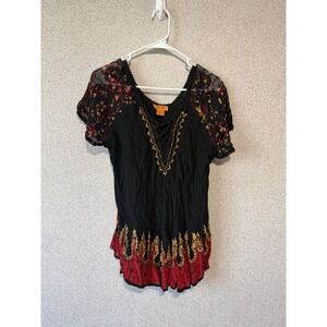 Sakkas Womens Boho Embroidered Lace Up V-Neck Blouse Black Red Gold Free Size
